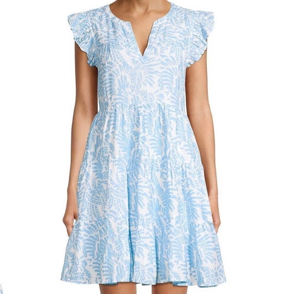 Roller Rabbit Linen Tiered Mini Dress Women's M Blue White Ruffle Sleeve Resort